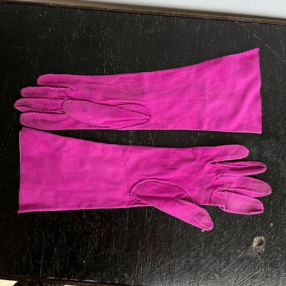 Vintage Pink Suede Gloves Size 6.5 Made in Argentina Opera Length - Picture 7 of 10